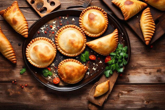 Foto una bandeja de pasteles con pasteles y pasteles en una mesa de madera