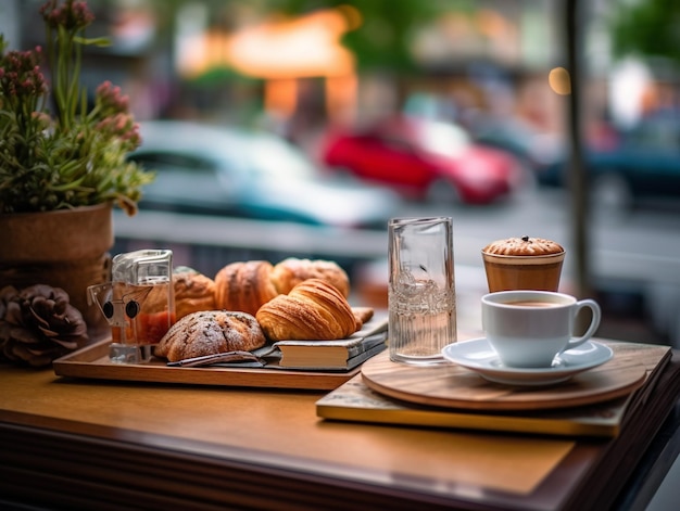 Una bandeja de pasteles y una taza de café están en una mesa afuera.