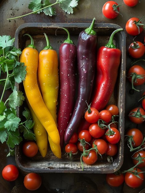 Una bandeja de pimientos y tomates está dispuesta de una manera que resalta los colores