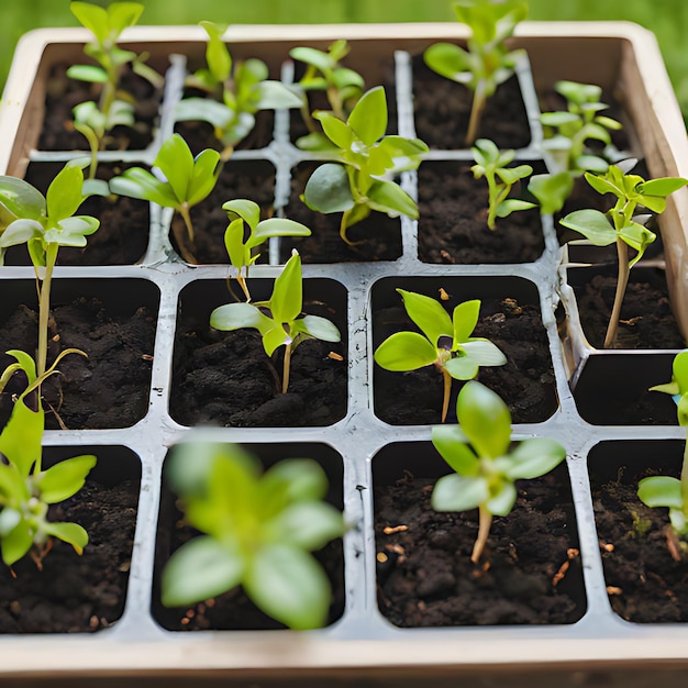 una bandeja de plántulas con un montón de plantas verdes