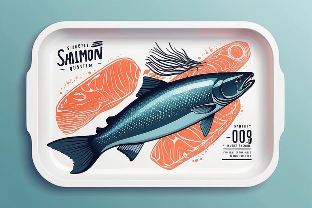 bandeja de plástico de pescado vectorial de calidad superior con cubierta de celofán etiqueta de diseño de embalaje
