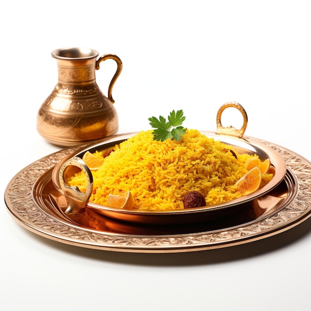 bandeja con plato de pilaf tradicional y lámpara de Aladdin aislada sobre un fondo blanco