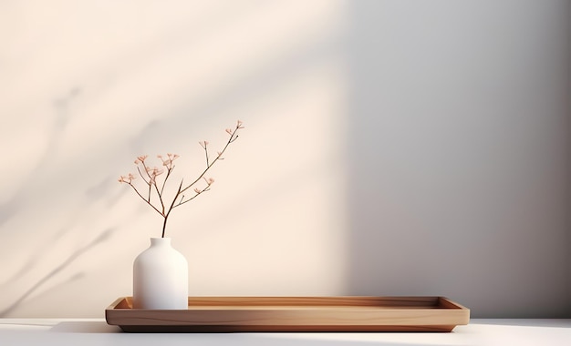 Foto bandeja de podio de madera moderna mínima en el mostrador de mesa blanco brillante para la exhibición de productos