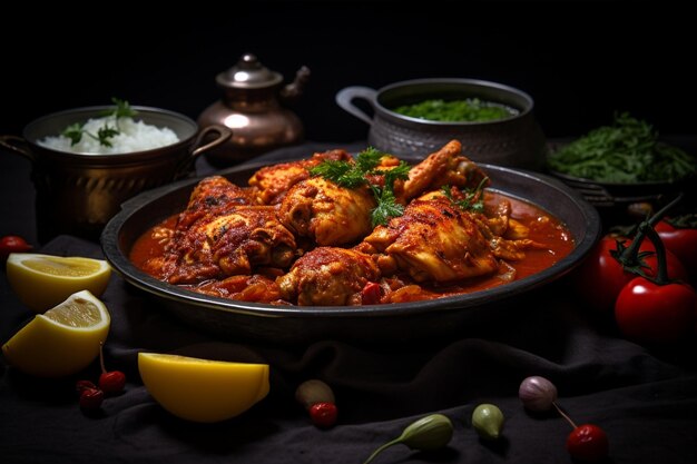 Foto bandeja con pollo en salsa de tomate y verduras