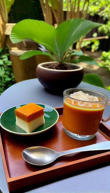 Foto una bandeja de postre tailandés con un vaso de té en el jardín.