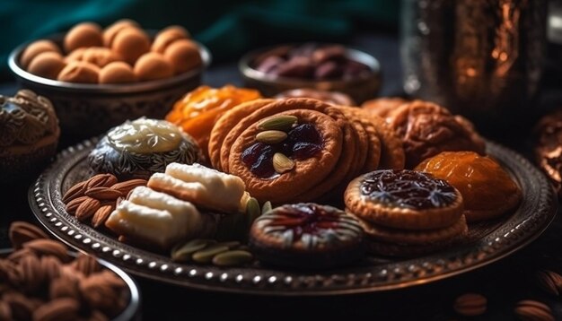 Bandeja de postres caseros indulgentes con una variedad de dulces generados por IA