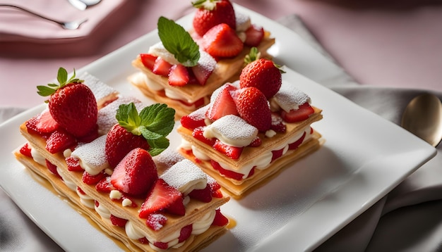 una bandeja de postres con fresas y crema