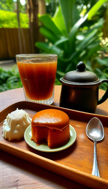 Foto una bandeja de postres y un vaso de té tailandés en una mesa en el jardín.