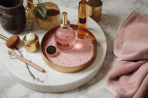 Una bandeja de productos de baño que incluye una botella de perfume y una vela en una bandeja de mármol.