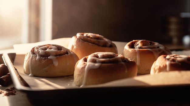 Una bandeja de rollos de canela con glaseado