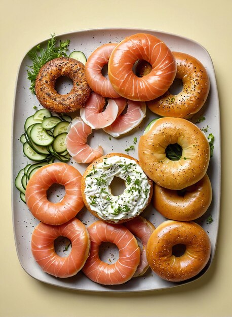 Foto una bandeja de rosquillas con un bagel en ella