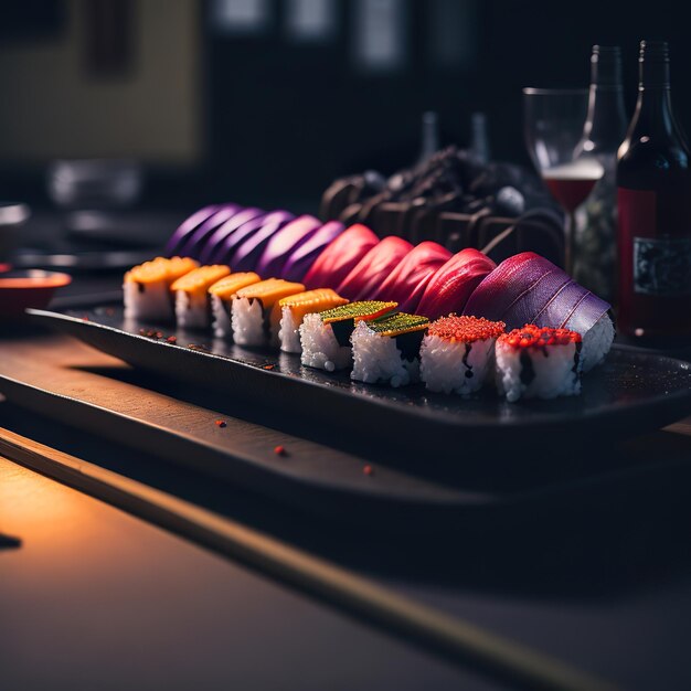 Foto una bandeja de sushi con una botella de cerveza de fondo.