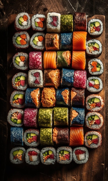 Una bandeja de sushi con diferentes colores.