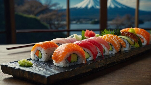 una bandeja de sushi con una montaña en el fondo