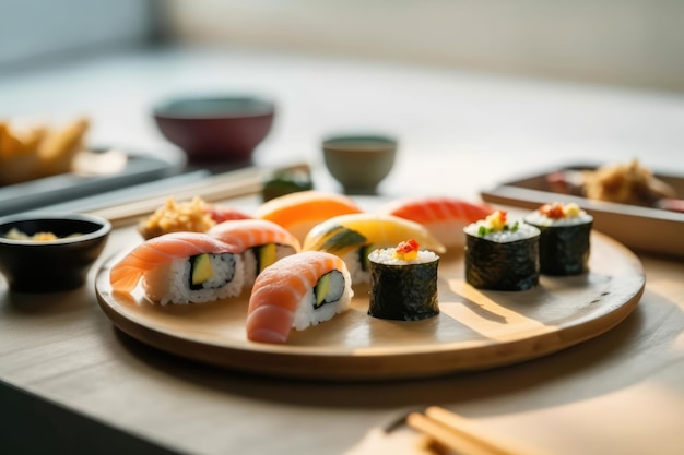 Una bandeja de sushi y otros alimentos sobre una mesa.