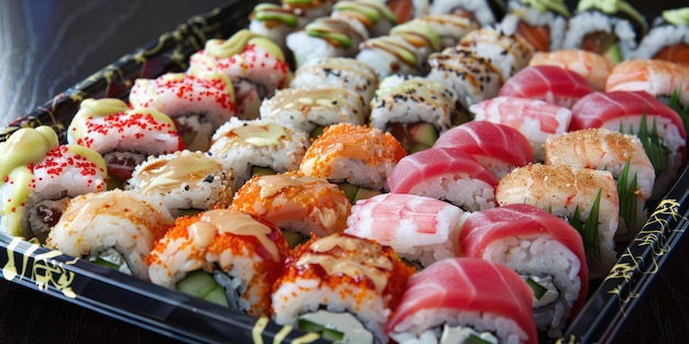 Una bandeja de sushi variados muy bien dispuestos
