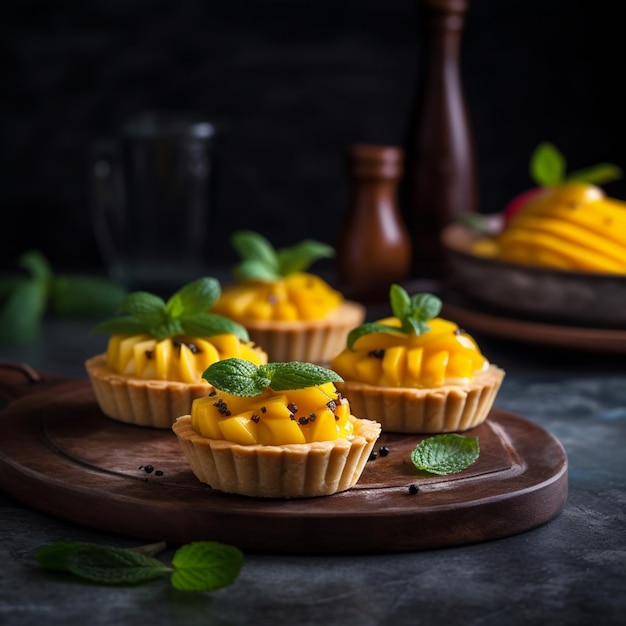 Una bandeja de tartas de mango con hojas de menta y un plato de mangos.