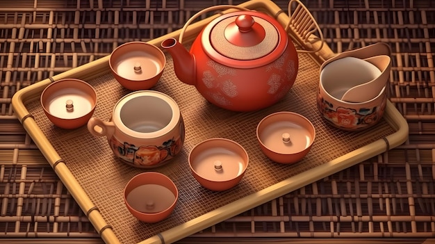 Una bandeja de tazas de té y platillos con un juego de té.