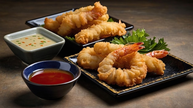 Una bandeja de tempura crujiente con camarones marrones dorados y verduras