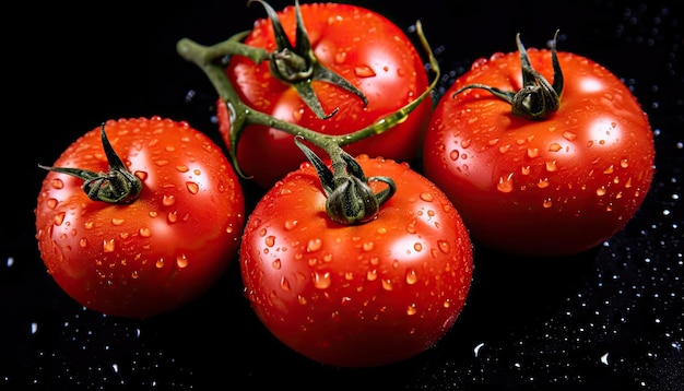 Una bandeja de tomates con gotas de agua en ellos