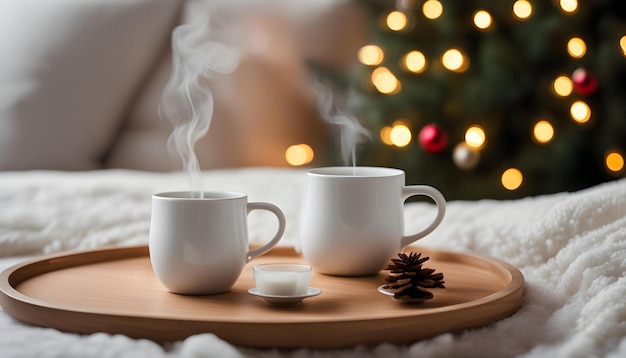 una bandeja con tres tazas de café blancas y un árbol de Navidad en el fondo