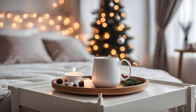 una bandeja con una vela y una taza de té en ella