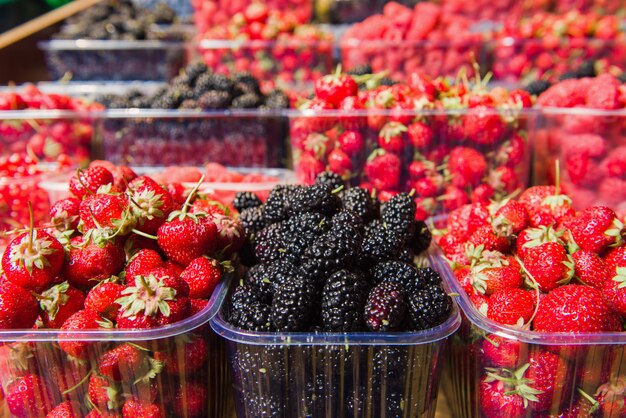 Bandejas de frutas frescas em exposição no mercado local.