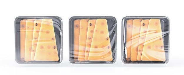 Bandejas de plástico pretas com fatias de queijo vista superior renderização 3d Embalagem realista com filme transparente e pedaços finos de emmental edam ou gouda comida suíça ou holandesa com ilustração 3D de furos