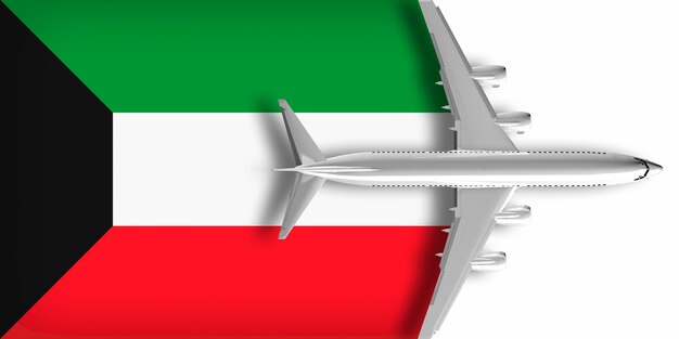 Bandera 3D de Kuwait con un avión volando sobre ella