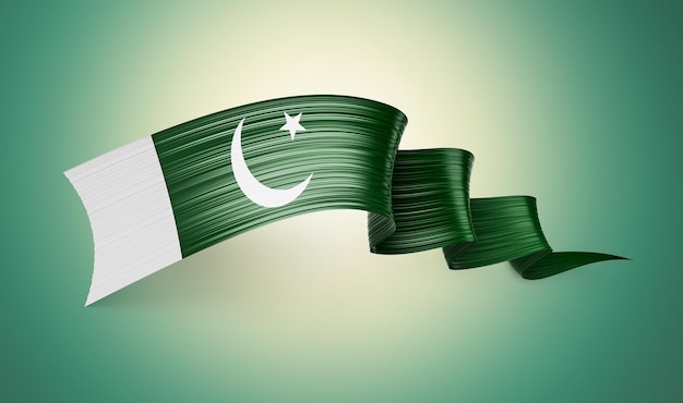 Bandera 3d de Pakistán Cinta de bandera pakistaní ondeando brillante 3d sobre fondo verde suave Ilustración 3d