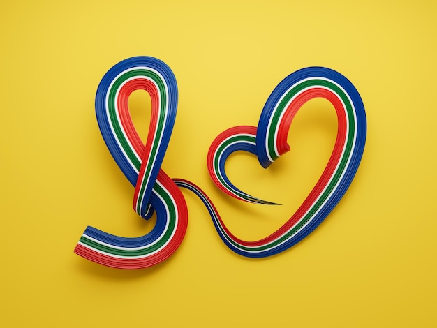Bandera 3d de Sudáfrica Cinta de conciencia ondulada brillante en forma de corazón sobre fondo amarillo Ilustración 3d