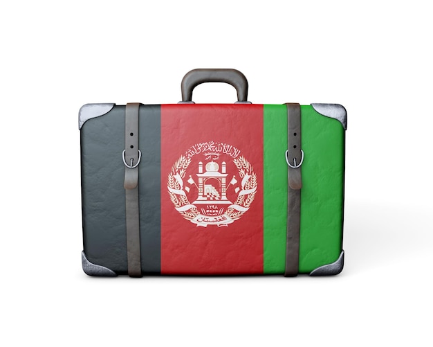 Bandera de Afganistán en una maleta de cuero vintage 3D Rendering
