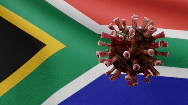 Bandera africana RSA ondeando y concepto de coronavirus 2019 nCov. Brote asiático en Sudáfrica, los coronavirus de la influenza como casos peligrosos de la cepa de la influenza como una pandemia. Microscopio virus Covid19 de cerca.