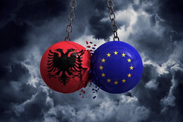 La bandera de Albania y las bolas políticas de la Unión Europea chocan entre sí 3D Rendering