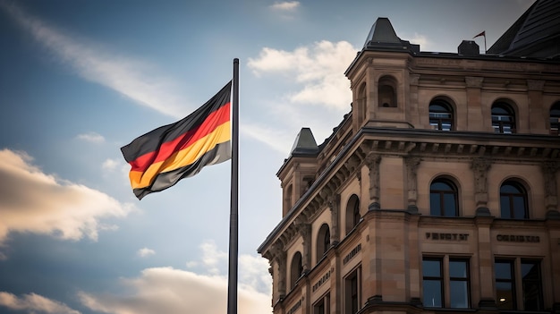 La bandera alemana en lo alto de una maravilla arquitectónica