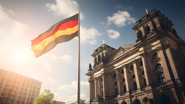 La bandera alemana en lo alto de una maravilla arquitectónica