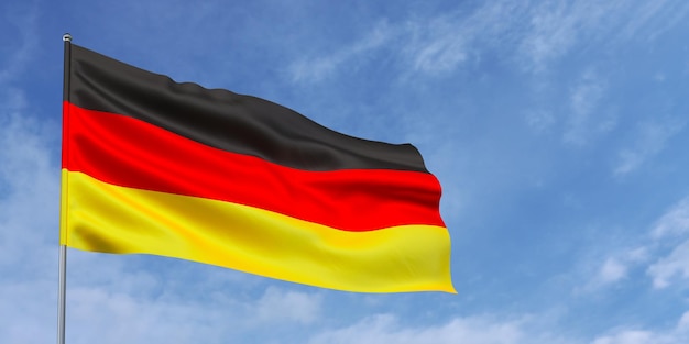 Bandera de Alemania en asta de bandera sobre fondo de cielo azul Bandera alemana ondeando en el viento sobre un fondo de cielo con nubes Lugar para ilustración de texto 3d