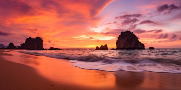 Bandera con el amanecer en la orilla del mar