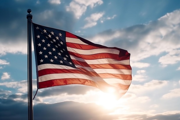 Una bandera americana en un asta de bandera contra un cielo azul