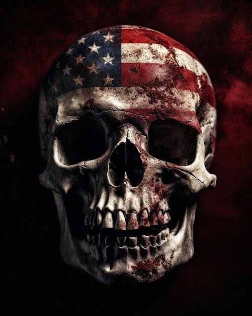 La bandera americana está en un cráneo.