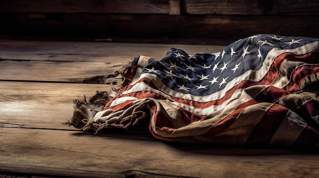 Una bandera americana gastada en un piso de madera