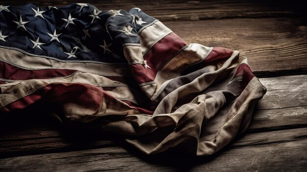 Una bandera americana en una mesa de madera