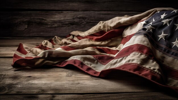Una bandera americana en una mesa de madera
