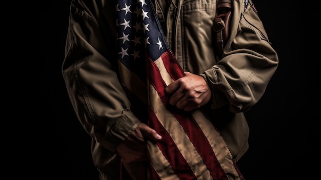 Bandera americana sostenida por un soldado