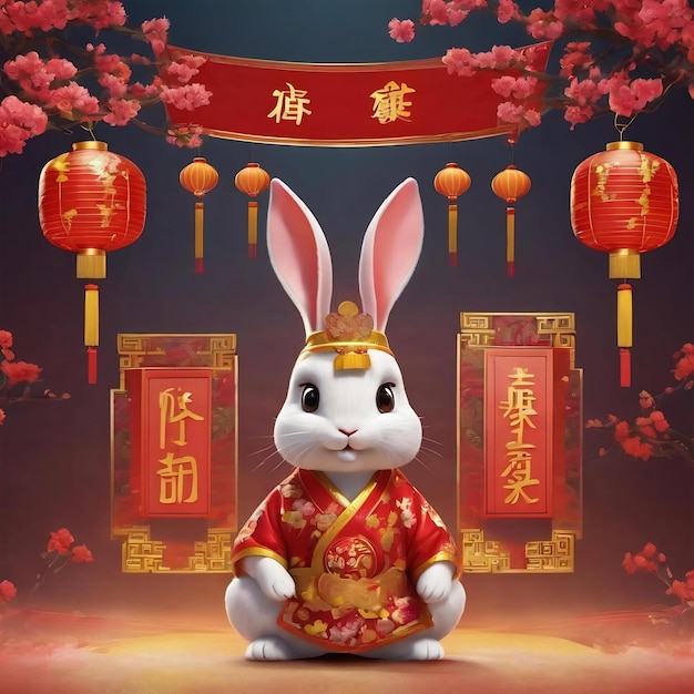 bandera de año nuevo chino wwith 3d conejo lindo riqueza dinero de oro y linternas festivas colgando chinos