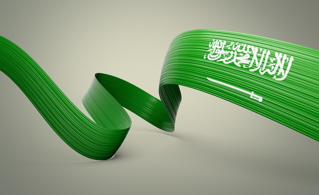 Bandera de Arabia Saudita Bandera de cinta brillante aislada en un fondo verde pastel Ilustración en 3D