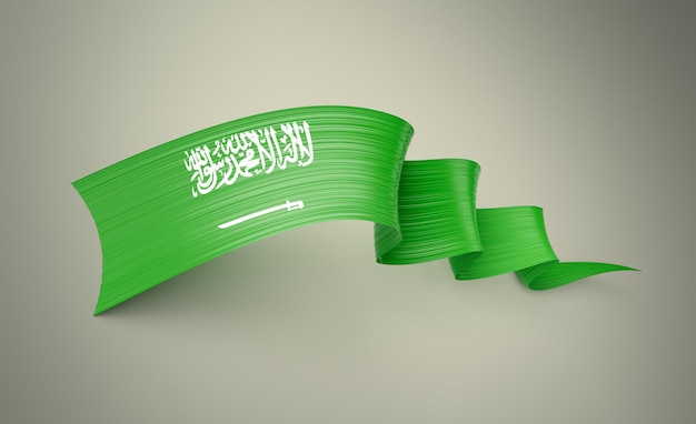 Bandera de Arabia Saudita brillante agitando la bandera de la cinta retorcida en un fondo verde pastel Ilustración en 3D