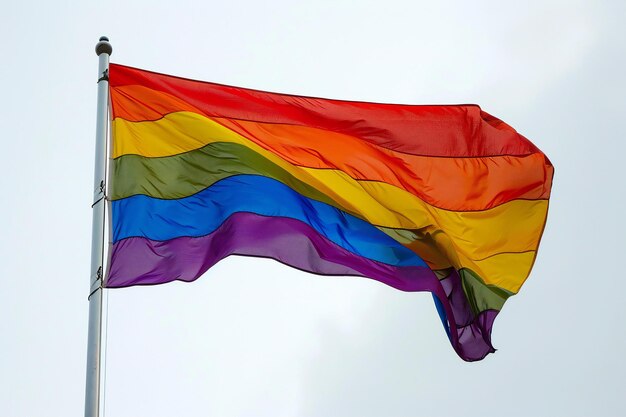 La bandera del arco iris en el asta de la bandera ondeando en el viento contra el cielo