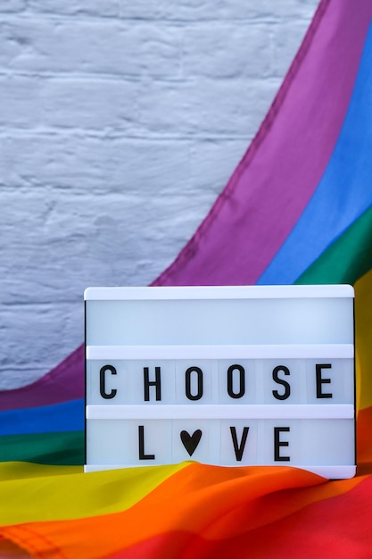 Bandera del arco iris con caja de luz y texto elija amor arco iris lgbtq bandera hecha de material de seda símbolo de