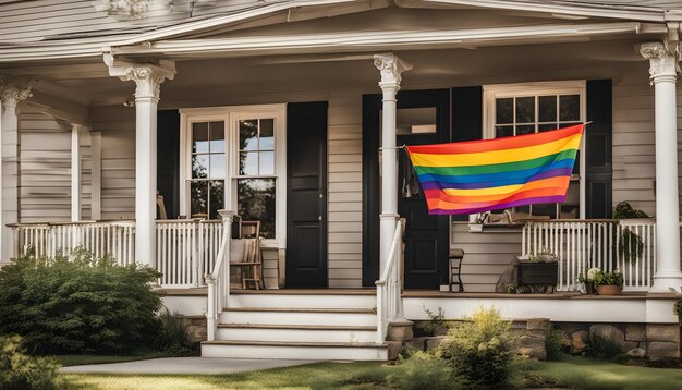 una bandera arco iris cuelga en una casa en el país